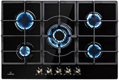 Klarstein Victoria - Plaque de cuisson à gaz, encastrable, brûleur Sabaf, gaz naturel/gaz propane, soupapes de sécurité, supports de casseroles en fonte, look rétro en vitrocéramique, 5 feux, noire Fiche Technique et Prix au Maroc