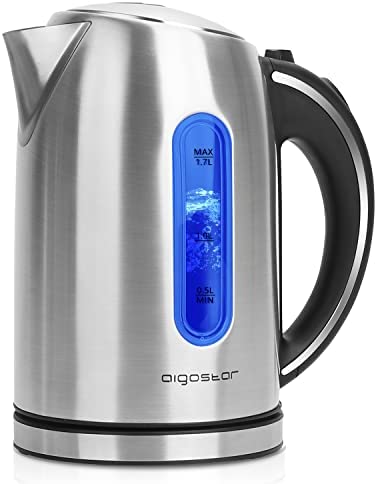 Aigostar King - Bouilloire Électrique Inox de 1,7L avec Illumination LED Indicateur de Niveau d'eau, 2200W Ebullition Rapide, Filtre Anti-Calcaire Base Pivotante 360°, Bouilloire sans BPA Fiche Technique et Prix au Maroc