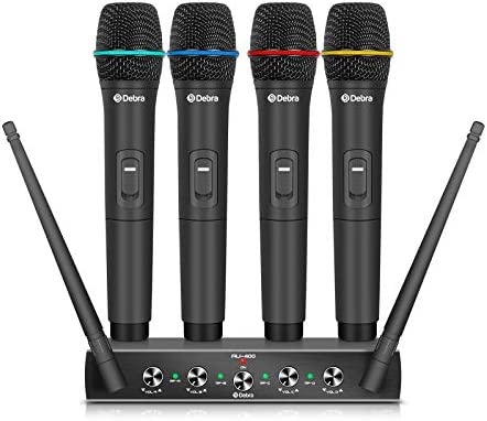 Système de microphone sans fil UHF à 4 canaux Debra Audio Pro avec micro-casque sans fil à main Lavalier, récepteur en métal, idéal pour la fête de l'église karaoké (With 4 Handheld (A)) Fiche Technique et Prix au Maroc