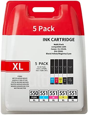 Remplacement pour Canon PGI-550 CLI-551 XXL Cartouches d'encre Multipack, (C M Y BK PGBK) Pack de 5, Compatible pour Pixma IX6850 IP7250 IP8750 MX925 MG5550 MG5650 MG6450 MG6650 MG7150 MG7500 MG7550 Fiche Technique et Prix au Maroc