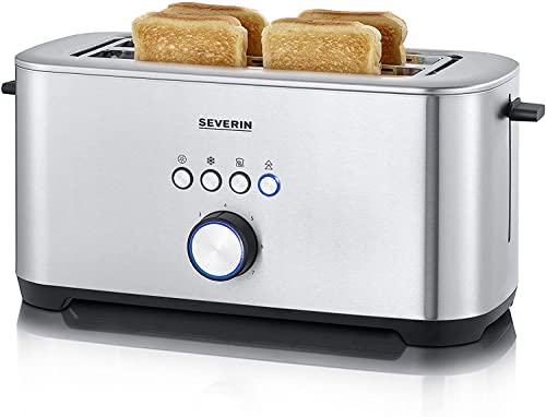 SEVERIN Grille-pain AT 2512 à fente longue avec fonction bagel pour toasts unilatéraux et économe en énergie, 1400 W, 4 grandes chambres à rôtir et grille réchauffe-viennoiseries intégrée Fiche Technique et Prix au Maroc