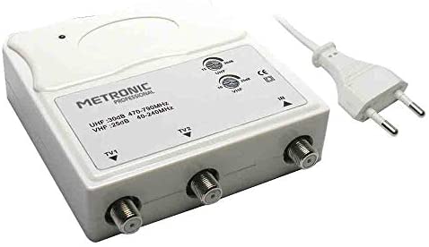 Metronic 414113 Amplificateur TV VHF/UHF pour numérique terrestre avec Filtre LTE, VHF 25 DB réglable, UHF 30 DB réglable, 1 entrée/2 Sorties, intérieur, Blanc Fiche Technique et Prix au Maroc