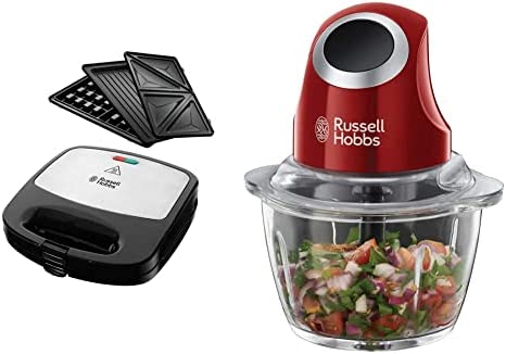 Russell Hobbs Appareil à Sandwich 750W 3en1, Gaufrier, Grill & Hachoir Electrique Bol Préparation 1L, Lames Acier Inoxydable Amovibles, Compatible Lave Vaisselle - Rouge 24660-56 Desire Fiche Technique et Prix au Maroc