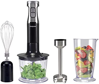 BEPER P102FRU150 Set mixeur plongeant 4 en 1,600 W, mixeur 4 lames acier, hachoir 500 ml, fouet, verre gradué 700 ml, fonction turbo, noir Fiche Technique et Prix au Maroc
