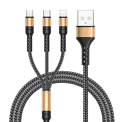 RAVIAD Câble Multi USB, 3 en 1 Câble Universel [1.2M] Multi USB Câble de Chargement en Nylon avec Micro USB Type C Lightning Câble pour iPhone, Samsung Galaxy, Huawei, Honor, OnePlus- Or Fiche Technique et Prix au Maroc