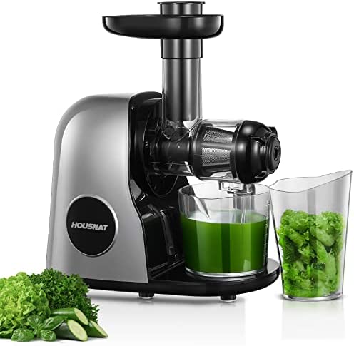 Housnat Extracteur de jus, Slow Juicer Presse à Froid Machine avec moteur silencieux, Nutriments Maximaux - 90% Jus Pureté, Extracteur jus de Fruits et Légumes, Fonction Inverse (Argent) Fiche Technique et Prix au Maroc
