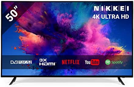 NIKKEI NU5018S Téléviseur LED 50 Pouces avec Wi-FI intégré | 127cm | 4K Ultra HD (3840x2160 p) | 3X HDMI | 2X USB | VESA 200 x 200 mm | Applications préinstallées: Netflix, Youtube, Spotify, Facebook Fiche Technique et Prix au Maroc