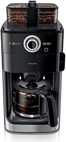 Philips Cafetière Filtre avec Broyeur à Grains - Verseuse en Verre de 1.2 L, Jusqu'à 12 Tasses, Double Bac à Grains, Minuteur, Noir/Métal (HD7769/00) Fiche Technique et Prix au Maroc