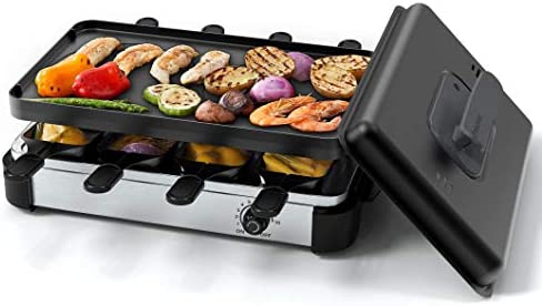 Gril à raclette, gril sans fumée électrique Muchen pour 8 personnes avec couvercle, y compris gril antiadhésif amovible double face et 8 poêles à raclette, 8 spatules, température réglable, 1200W Fiche Technique et Prix au Maroc