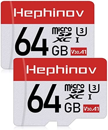 Hephinov Carte Micro SD jusqu'à 100MB/s(R), Lot de 2 64Go Carte Mémoire microSDHC + Adaptateur SD, A1, U1, C10, V30, Full HD et 4K UHD, Carte TF pour Drone/Dash Cam/Camera/Phone/Switch/PC/Tablette Fiche Technique et Prix au Maroc