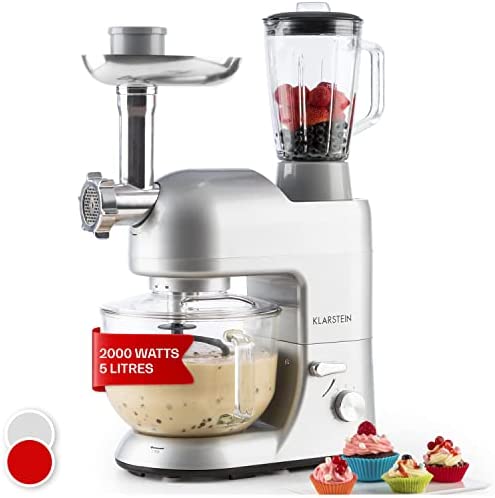 Klarstein Lucia Argentea 2G - Robot multifonction 3-en-1 , Batteur mélanguer Mixeur et Hachoir , 1200 W , 1,6PS de puissance , 6 niveaux , Fonction pulse , Sans BPA , Argent Fiche Technique et Prix au Maroc