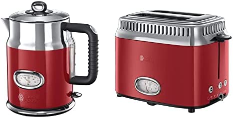 Russell Hobbs Bouilloire 1,7L, Ebullition Rapide, Couvercle Amovible, Rouge & Toaster Grille-Pain, 3 Fonctions, Température Ajustable, Réchauffe Viennoiserie, Design Vintage - Rouge 21680-56 Retro Fiche Technique et Prix au Maroc