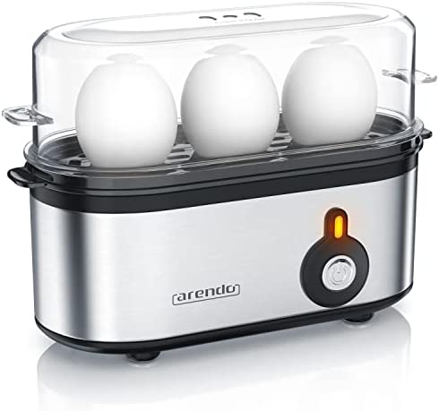 arendo - Cuiseur à Oeufs en Acier Inoxydable Threecook, Egg Cooker 1-3 Oeufs, Dur, Mollet ou à la Coque, Verre doseur avec Perce, Indicateur Lumineux, 210W, Base Anti-dérapante, sans BPA, certifié GS Fiche Technique et Prix au Maroc