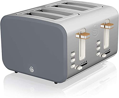 Swan Nordic Grille-pain à fente large 4 tranches, 3 fonctions, 6 niveaux de grillage, design moderne en acier inoxydable, poignée effet bois, gris mat Fiche Technique et Prix au Maroc