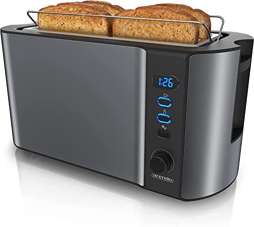 Arendo - Grille pain 2 larges fentes 4 tranches écran digital - Grille-pain automatique 3en1 - 1500W - 6 niveaux réglable décongélation réchauffe viennoiseries plateau à miettes -Toaster Cool Grey Fiche Technique et Prix au Maroc