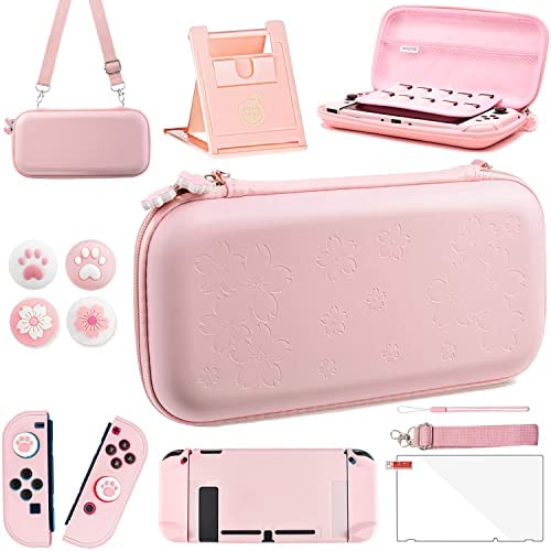 OLDZHU Étui de Transport Rose pour Nintendo Switch - 10 en 1 Accessoires Pack Roses avec Couverture de Protection Dure,Protecteur d'écran en Verre,Support réglable,Capuchons de poignée de Pouce Fiche Technique et Prix au Maroc