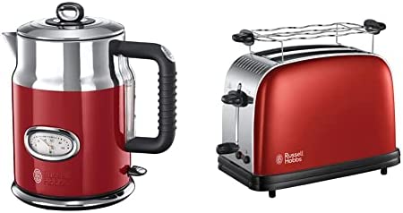 Russell Hobbs Bouilloire 1,7L, Ebullition Rapide, Couvercle Amovible, Design Vintage & Toaster, Grille Pain Extra Large, Cuisson Rapide et Uniforme, Contrôle Brunissage, Chauffe Vionnoiserie - Rouge Fiche Technique et Prix au Maroc