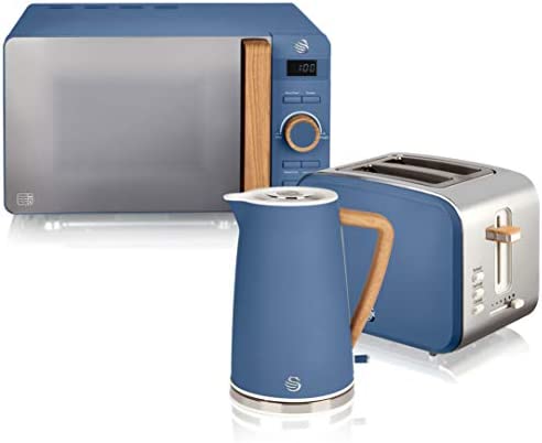 Swan Nordic Set petit-déjeuner bouilloire 1,7 L 2200 W, grille-pain à fente large 2 tranches, micro-ondes 20 L numérique, design moderne, effet bois, bleu mat Fiche Technique et Prix au Maroc