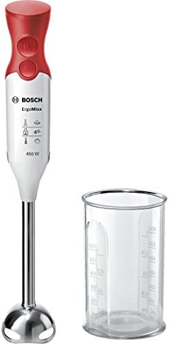 Bosch MSM64110 Mixeur Plongeant - Mixeur à main puissant 450 W - Pied mélangeur amovible en métal - Système anti-éclaboussures - Avec Accessoires - Rouge/Blanc Fiche Technique et Prix au Maroc