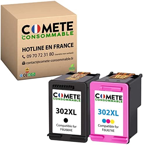 COMETE 302XL 2 Cartouches d’Encre Compatibles avec HP 302 XL 302XL 302 pour imprimante HP DESKJET 1110 2132 2134 3630 3631 3632 3633 3634 3638 HP Envy - (F6U67AE + F6U68AE) 1 Noir + 1 Couleur Fiche Technique et Prix au Maroc