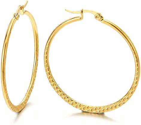 Femme Acier Grande Rainurée Grille Motif Cercle Boucles d'oreilles Créoles Boucles d'oreilles, Couleur d'or, Mode Fiche Technique et Prix au Maroc