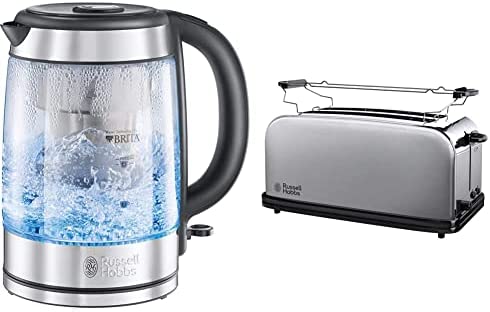 Russell Hobbs Bouilloire en Verre Filtrante 1L, Cartouche Filtre à Eau Brita Inclus & Toaster Grille Pain, 2 Longues Fentes Spécial Baguette, 6 Niveaux de Brunissage, Chauffe Viennoiserie Fiche Technique et Prix au Maroc