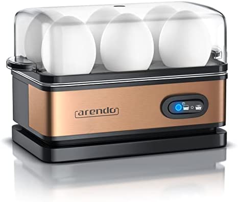 Arendo – Cuiseur à œufs avec fonction maintien au chaud - 1 à 6 œufs - Dur, mollet ou à la coque - Indicateur lumineux - Verre doseur avec perce-œufs - 400 W - Base anti-dérapante, Couleur noir cuivre Fiche Technique et Prix au Maroc