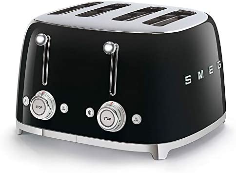 Smeg TSF03BLUK Grille-pain Rétro 4 Tranches, 4 Fentes Extra Larges, 6 Niveaux de Browing, Pop-Up Automatique, Ramasse-Miettes Amovibles, Boutons de Réchauffage et Décongélation, 2000 W, Noir Fiche Technique et Prix au Maroc