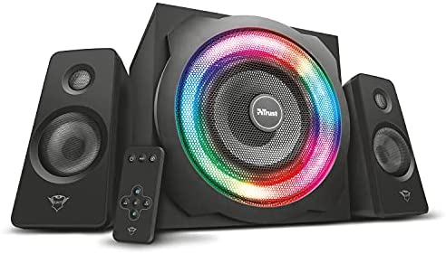 Trust Gaming GXT 629 Tytan RGB Enceinte PC Gamer 2.1 avec Caisson de Basses, 120 W, LED RGB, Télécommande sans Fil, Haut Parleur PC, Ordinateur Portable, Tablette, Smartphone, TV - Noir Fiche Technique et Prix au Maroc