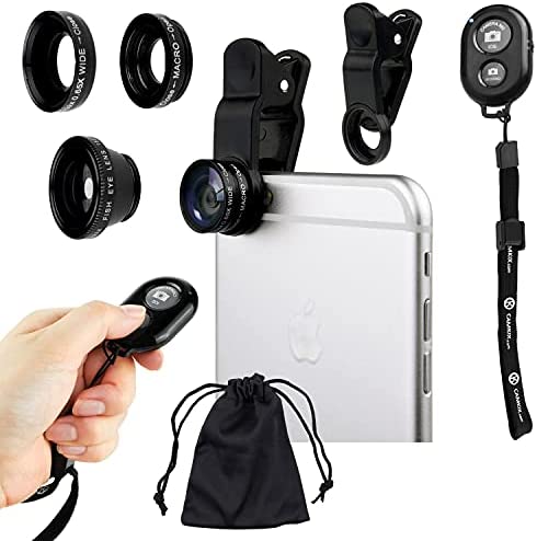 Objectif de Caméra Universel 3en1 et kit de télécommande d'obturateur Bluetooth pour des Smartphones, avec Un télécommande d’obturateur de Bluetooth,Fisheye,Macro 2en1 Grand Angle,Clip d'objectif Fiche Technique et Prix au Maroc