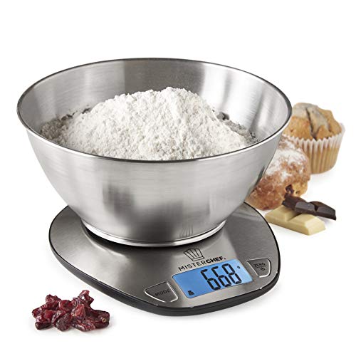 MisterChef Balance de cuisine numérique en acier inoxydable avec bol amovible, 5 kg, fonction tare, écran LCD, capteur de température, alarme minuterie, argent [Classe énergétique A+++] Fiche Technique et Prix au Maroc