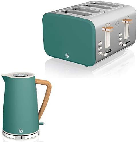 Swan Nordic Set Desayuno Bouilloire sans fil 1,7 L 2200 W, grille-pain large fente 4 tranches, 3 fonctions, design moderne, effet bois, vert Fiche Technique et Prix au Maroc