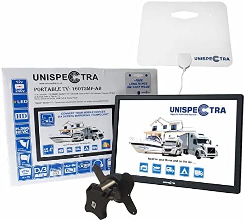 Unispectra® 16" SmartReady 12V / 230V HD LED Numérique TV DVB-T/T2 (TNT) USB PVR & Lecteur multimédia, Tuner FM, HDMI, AV in/Out. pour: Maison, Camping-Car, Bateau, Caravane, et Camion Fiche Technique et Prix au Maroc