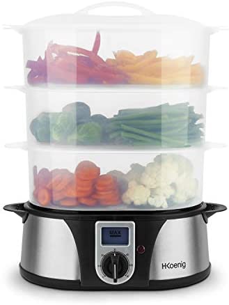 H.Koenig Cuiseur Vapeur Electrique VAP12 Multifonction 12L Programmable Compact Professionnel, 3 Paniers empilables amovibles pour Œufs Légumes, Bol cuiseur à Riz, Minuteur 60min, Bac à jus amovible Fiche Technique et Prix au Maroc
