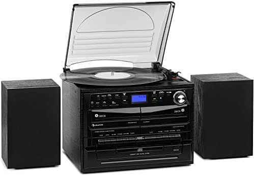 Auna Platine Vinyle Bluetooth, Tourne Disque Vinyle CD USD Bluetooth avec Haut Parleur, Tourne-disques Audio Vinyle 33 Tours, Chaine HiFi Radio Dab, Platine Vinyle, Lecteur Vinyles Vintage avec Radio Fiche Technique et Prix au Maroc