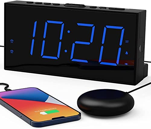 Réveil Bruyant avec Vibreur pour Sourd Personnes Malentendantes, Double Réveil Numérique pour Dormeur, 7.5" Digital LED Grand Écran 12/24H, Snooze, DST, USB Chargeur -Bleu Fiche Technique et Prix au Maroc