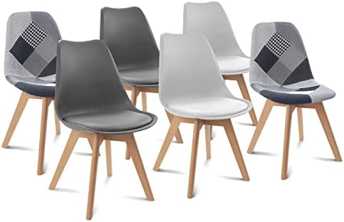 IDMarket - Lot de 6 chaises SARA Gris foncé x2, Gris Clair x2 et patchworks Noirs, Gris et Blancs Fiche Technique et Prix au Maroc