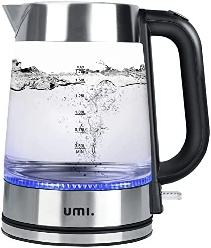 Amazon Brand - Umi Bouilloire Electrique en Verre 2200W Ebullition Rapide 1,7 litre Bouilloire sans fil avec Éclairage LED Illumination, Contrôleur Strix Protection Contre l'ébullition à sec - Argent Fiche Technique et Prix au Maroc