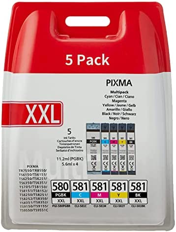 Remplacement pour Canon PGI-580 CLI-581 XXL Cartouches d'encre Multipack, (C M Y BK PGBK) Pack de 5, Compatible pour Pixma TR7550 TS6150 TS6151 TS6250 TS6350 TS6351 TS705 TS8150 TS8151 TS8250 TS8350 Fiche Technique et Prix au Maroc