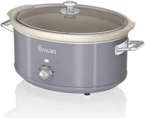 Swan Retro SF17031GRNEU Mijoteuse, Récipient de Cuisson Amovible de 6,5 Litres, Slow Cooker, Céramique Antiadhésive sans PFOA ni PTFE, 3 Niveaux de température, Design Vintage, Gris, 320W Fiche Technique et Prix au Maroc