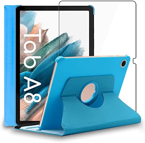 ebestStar - Coque Compatible avec Samsung Galaxy Tab A8 10.5 (2021) SM-X200 X205 Housse Protection Etui PU Cuir Support Rotatif 360, Bleu + Film Verre Trempé [Tab: 246.8 x 161.9 x 6.9 mm, 10.5''] Fiche Technique et Prix au Maroc