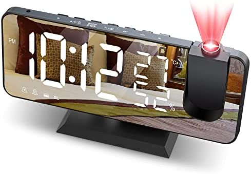 JIGA Reveil Projecteur Plafond Radio FM Reveil Projection 180° Horloge Numérique avec 7' LED Écran Miroir Chargement USB Port Fonction Snooze Double Alarme Horloge Digitale pour Chambre, Bureau Fiche Technique et Prix au Maroc