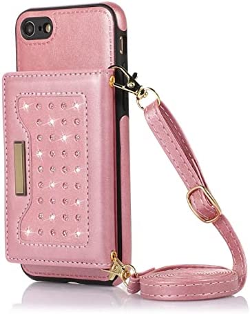 Didan Collier Coque pour iPhone 7/8/SE 2020/2022,Cuir Fentes Cartes Portefeuille Sac à Main Bandoulière RFID Blocker Étui Paillette Housse avec Détachable Longue Sangle Fiche Technique et Prix au Maroc