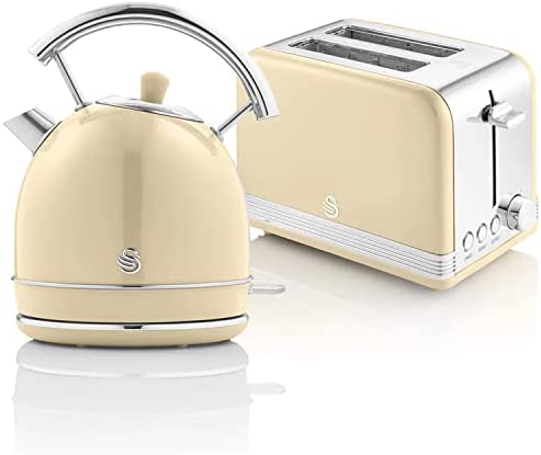 Swan Retro Ensemble Petit-Déjeuner, Bouilloire 1,8L avec Élément Chauffant en Acier INOX, Grille-Pain à Fente Large 2 Tranches, Régulateur de Grillage 6 Niveaux, Design Vintage, Crème Fiche Technique et Prix au Maroc