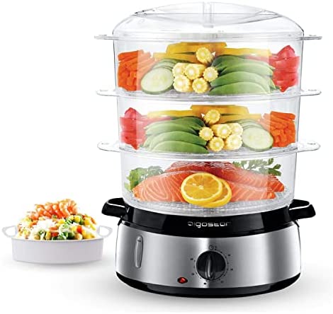 Aigostar Fitfoodie Steel 30INA - Cuiseur vapeur électrique 0% BPA. Puissance de 800W, minuterie, 3 niveaux indépendants de cuisson et base en acier inoxydable. Cuisine saine. Design exclusif. Fiche Technique et Prix au Maroc