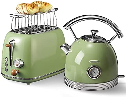 Wiltal Ensemble de bouilloire grille-pain, bouilloire en acier inoxydable, 2200 W, chauffage rapide, grille-pain avec grille réchauffe-viennoiseries pour chauffer tous les types de pain, vert rétro Fiche Technique et Prix au Maroc