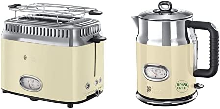 Russell Hobbs Toaster Grille-Pain, 3 Fonctions, Température Ajustable - Crème 21682-56 Retro & Bouilloire 1,7L, Ebullition Rapide, Couvercle Amovible, Design Vintage - Crème 21672-70 Retro Fiche Technique et Prix au Maroc