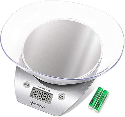 Etekcity Balance de Cuisine Electronique de Haute Précision en Acier Inoxydable, Multi-Fonction, 5kg/11lb, Bol Amovible, Mesure de Liquide (argenté) Fiche Technique et Prix au Maroc