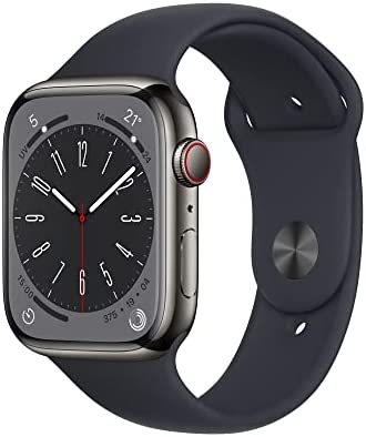 Apple 2022 Watch Series 8 GPS + Cellular, Boîtier en Acier Inoxydable Graphite de 45 mm, Bracelet Sport Minuit - Regular Fiche Technique et Prix au Maroc