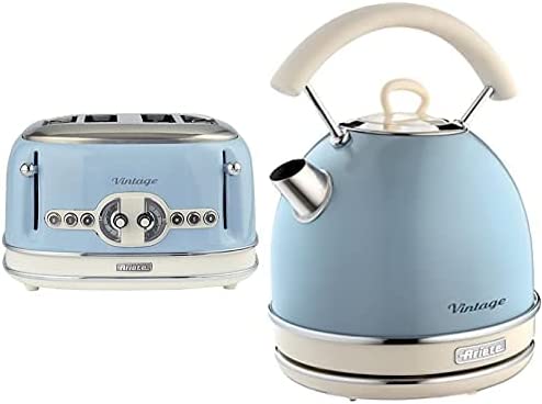 Ariete Vintage 156 Grille-pain 4 tranches, 6 niveaux de grillage, 1600 W, bleu & Vintage 2877 Bouilloire Électrique, 2000 Watts, 1,7 L, en Acier Inoxydable Peint en Bleu Pastel Fiche Technique et Prix au Maroc